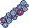 Festive flowering fireworks printed table linen, 14"x42" cutwork runner, blue, easy-care fabric.